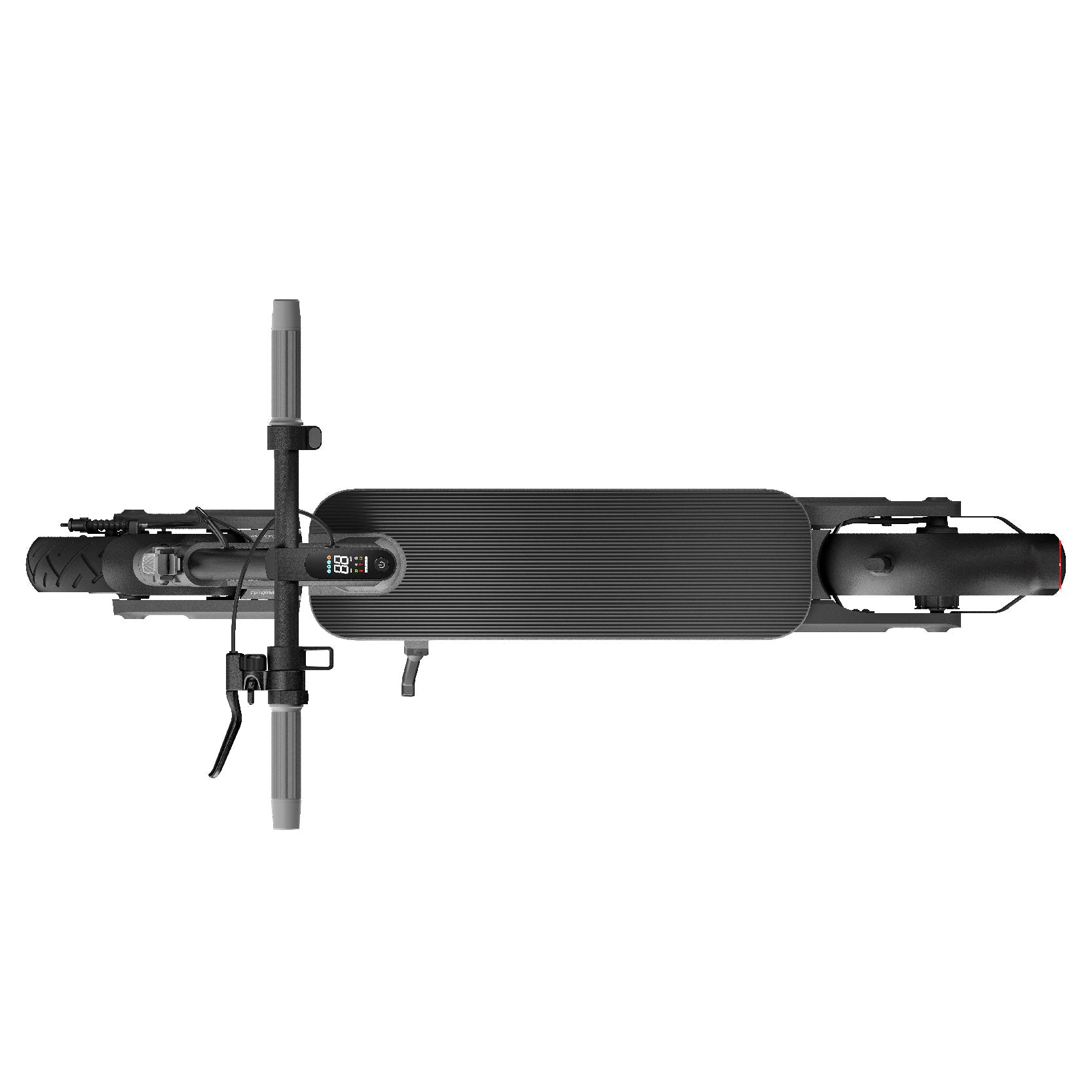 Draufsicht auf den Xiaomi Electric Scooter 4 Ultra, mit Lenker, digitalem Display, Deck, Hinterrad und haltbarem DuraGel-Reifen.