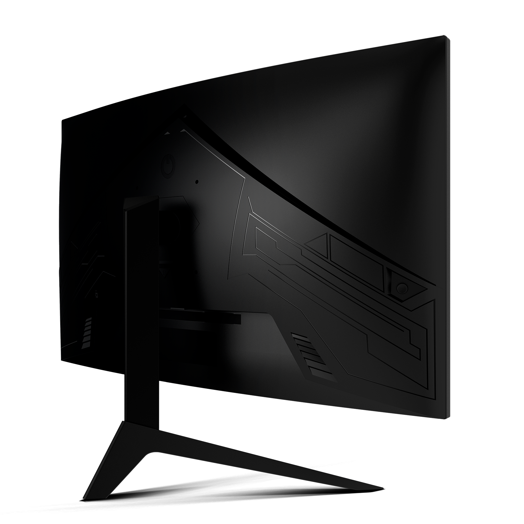 Der Odys XP32 Curved Gaming Monitor (32 Zoll, 80 cm) wird von hinten gezeigt, wobei sein schwarzes geometrisches Design und der V-förmige Standfuß vor einem schlichten Hintergrund hervorgehoben werden.