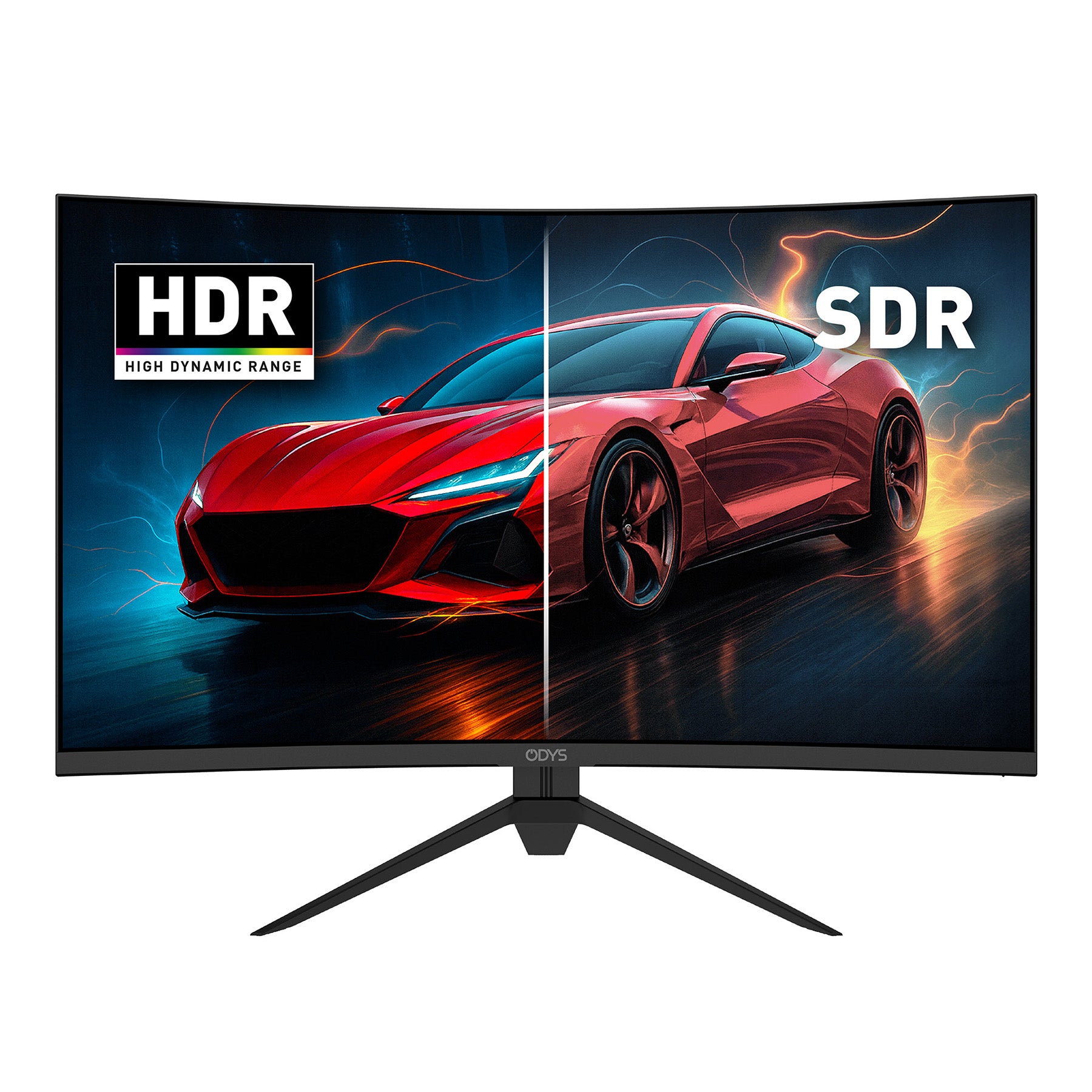 Der Odys XP32 Curved Gaming Monitor (32 Zoll, 80 cm) zeigt einen geteilten Sportwagen, um HDR (links) und SDR (rechts) zu vergleichen und die überragende Farbe und Helligkeit des Monitors hervorzuheben.