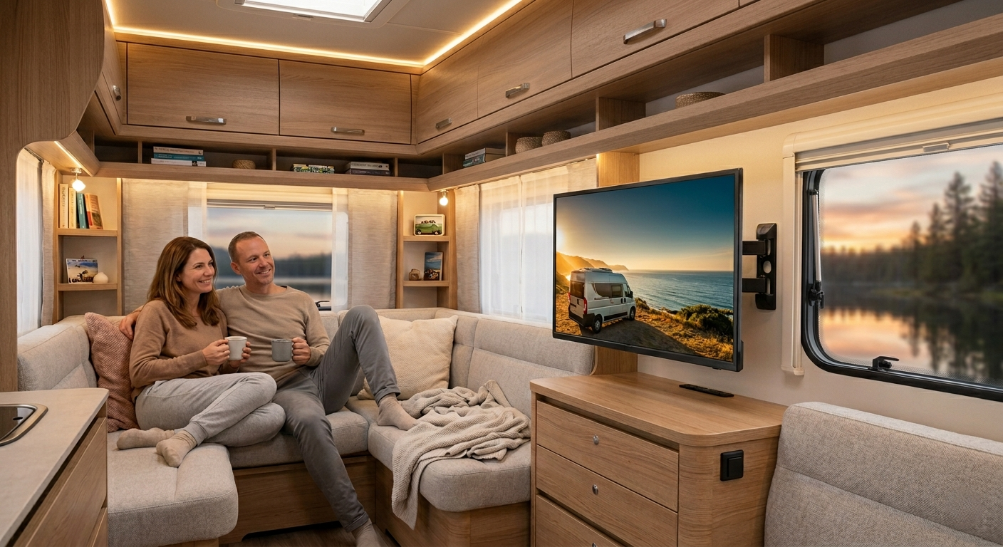 Zwei Personen sitzen gemütlich und entspannt vor einem kompakten Fernseher in der Sitzecke ihres Wohnwagens beim Campingabend.
