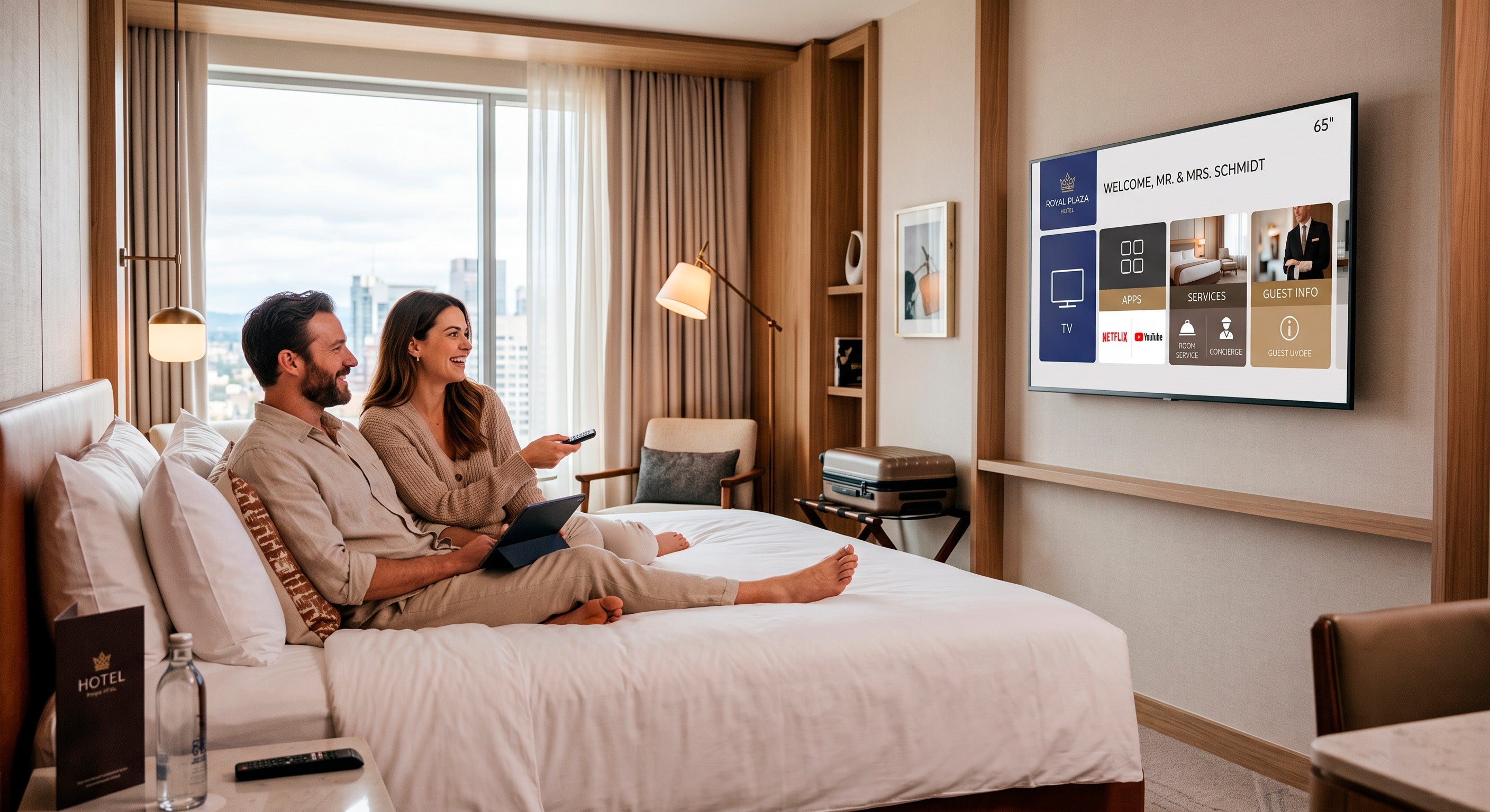 Pärchen sitzt auf dem Hotelbett und schaut sich die Hotelstartbildschirm im Hotelmodus an.