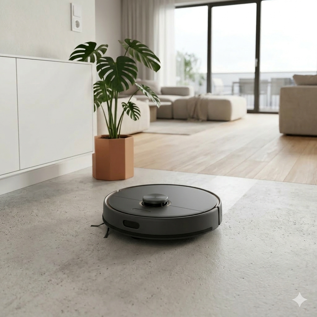 Ein schwarzer Staubsaugerroboter arbeitet auf einem hellgrauen Boden in einem modernen Wohnzimmer mit einer Topfpflanze, einem Sofa und großen Fenstern im Hintergrund.