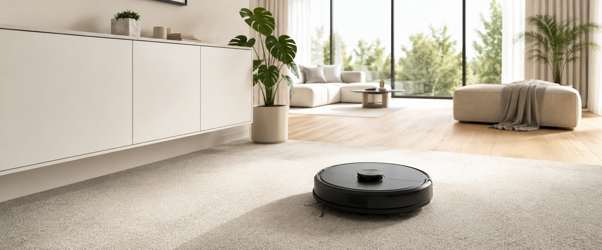 Ein schwarzer Staubsaugerroboter ist auf einem hellen Teppich in einem modernen Wohnzimmer unterwegs, das von Tageslicht durchflutet ist und mit weißen Möbeln, einer Topfpflanze und großen Fenstern ausgestattet ist.