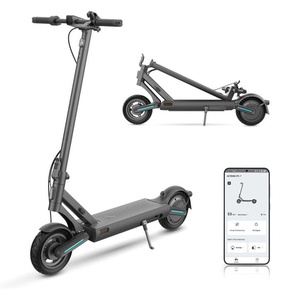 Der Odys ULTRON i75 E-Scooter steht aufrecht und zusammengeklappt neben einem Smartphone, auf dem die eMobility Companion App mit Fahrdaten zu finden ist.