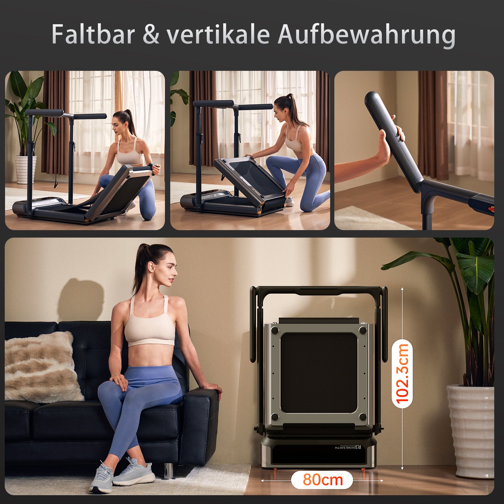 Eine Frau faltet und verstaut das Kingsmith WalkingPad R3 Hybrid+ Klappbares Laufband bis 12 km/h senkrecht neben einer Couch; seine Maße sind 80 cm breit und 102,3 cm hoch.