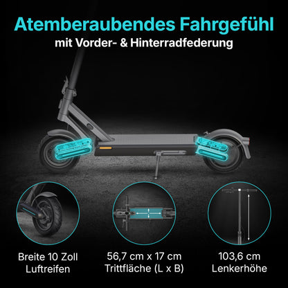 Der Odys ULTRON i75 E-Scooter bietet urbane eMobilität mit 10-Zoll-Reifen, Vorder- und Hinterradfederung, einem 56,7 x 17 cm großen Trittbrett und einem 103,6 cm hohen Lenker für eine angenehme Fahrt.