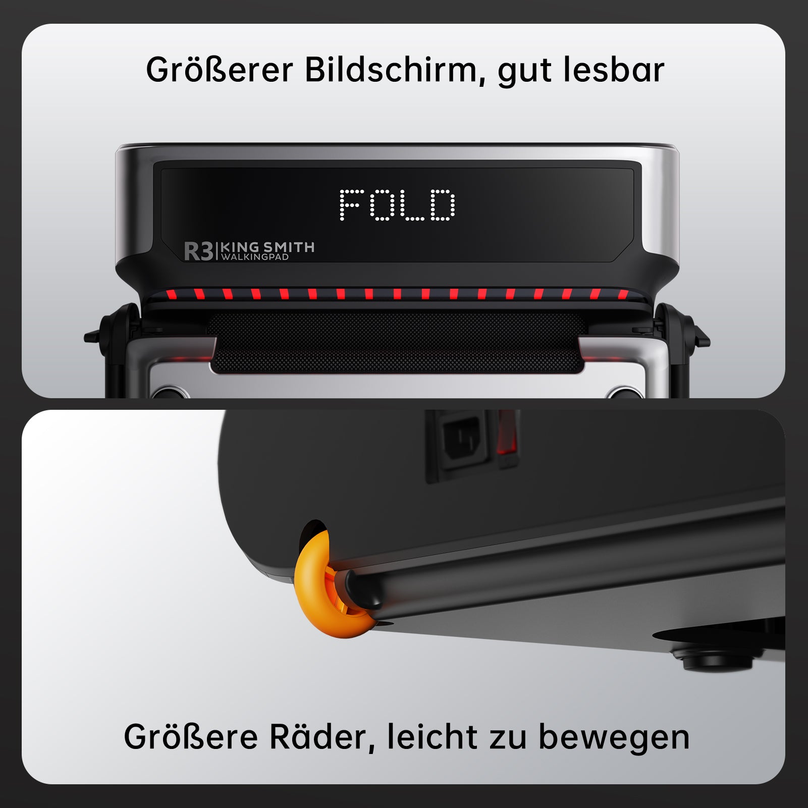 Das Kingsmith WalkingPad R3 Hybrid+ Klappbares Laufband bis 12 km/h bietet ein gut lesbares Display mit deutlicher "FOLD"-Anzeige und großen Rollen für einfachen Transport; deutsche Beschriftungen erleichtern die Bedienung.