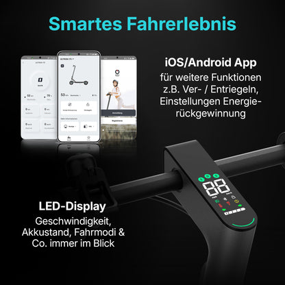 Der Odys ULTRON i75 E-Scooter bietet eine Smartphone-App und eine LED-Anzeige für Geschwindigkeit, Akku und eMobility-Statistiken sowie App-Funktionen wie Ver-/Entriegelung und Energierückgewinnungseinstellungen für eine intelligentere Fahrt.