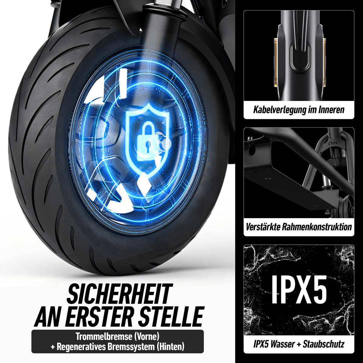 Nahaufnahme des Rads vom NIU KQi100F Schwarz E-Scooter mit Sicherheitssymbol zeigt innenliegende Kabelführung, verstärkten Rahmen, IPX5-Schutz und praktischen Faltmechanismus. Deutscher Text erklärt Sicherheitsmerkmale für flexible Mobilität.