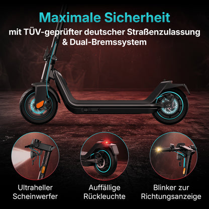 Der Odys ALPHA X5 PRO E-Scooter verfügt über eine Reichweite von 50 km, TÜV-geprüftes deutsches Straßenzertifikat, doppelte Bremsen, einen hellen Scheinwerfer, Rücklicht und Blinker.