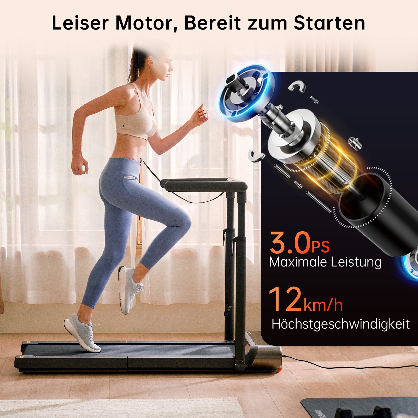 Eine Frau joggt auf dem Kingsmith WalkingPad R3 Hybrid+ Klappbares Laufband in einem modernen Wohnzimmer. Overlay-Grafik zeigt 3,0 PS Motor & 12 km/h Maximalgeschwindigkeit. Oben steht: "Leiser Motor, Bereit zum Starten.