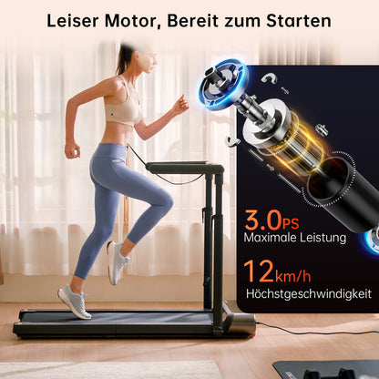 Eine Frau joggt auf dem Kingsmith WalkingPad R3 Hybrid+ Klappbares Laufband in einem modernen Wohnzimmer. Overlay-Grafik zeigt 3,0 PS Motor & 12 km/h Maximalgeschwindigkeit. Oben steht: "Leiser Motor, Bereit zum Starten.