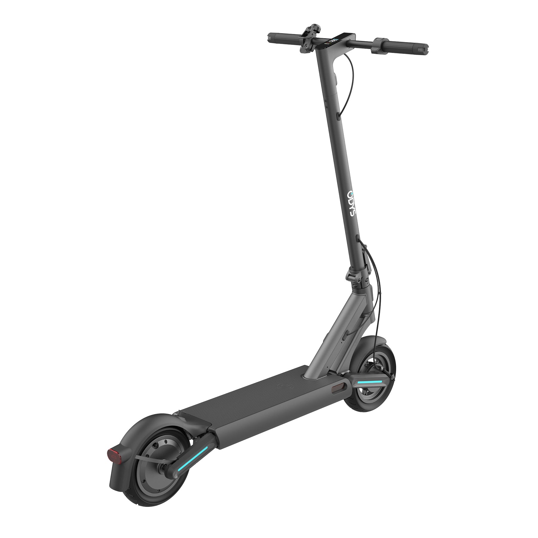 Der Odys ULTRON i75 E-Scooter verfügt über ein schlankes schwarzes Deck, einen aufrechten Lenker, Vorder- und Hinterräder sowie ein hinteres Schutzblech. Sein modernes, minimalistisches Design ist ideal für die urbane E-Mobilität.