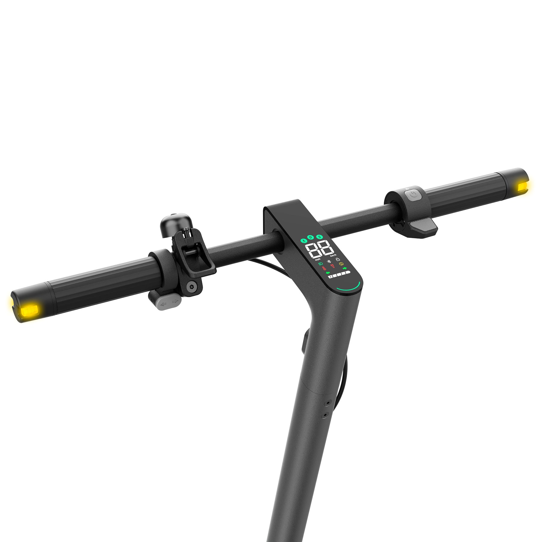Nahaufnahme des Lenkers des Odys ULTRON i75 E-Scooters mit LED-Anzeige, Bedientasten und gelben Lichtern an beiden Enden - entwickelt für moderne urbane Mobilität.