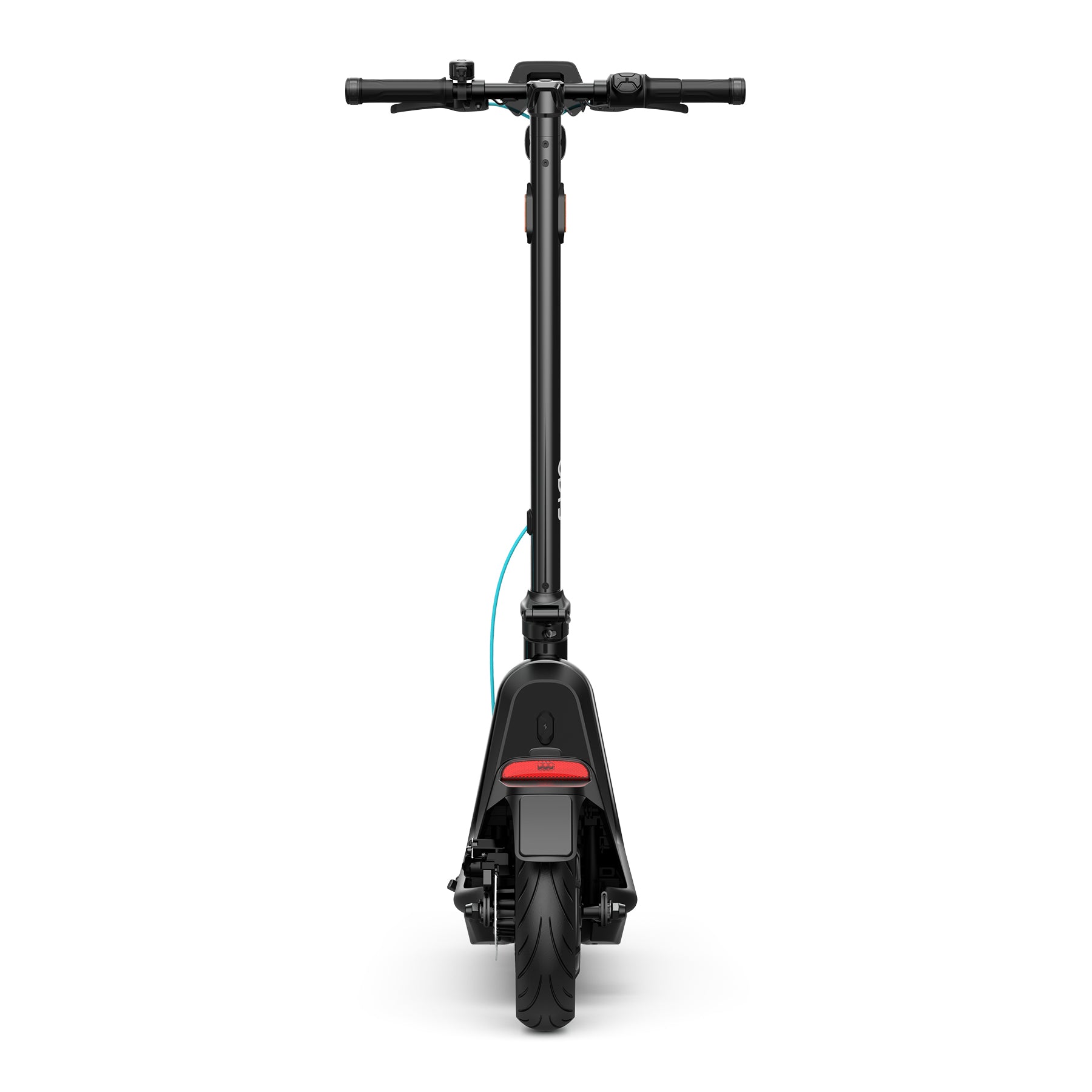 Ein schwarzer Odys ALPHA X5 PRO E-Scooter von hinten gesehen, mit einem einzelnen Hinterrad, Schutzblech, Rücklicht, Lenker und blauem Bremskabel. Bietet bis zu 50 km Reichweite für ausgedehnte Fahrten.