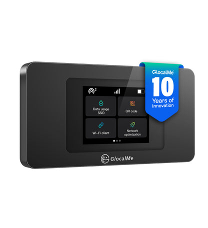 Ein schwarzes GlocalMe Meowgo G40Pro Modell U40 GLMU24A01 tragbares Wi-Fi-Gerät mit einem digitalen Display und einer blauen "10 Years of Innovation"-Plakette.