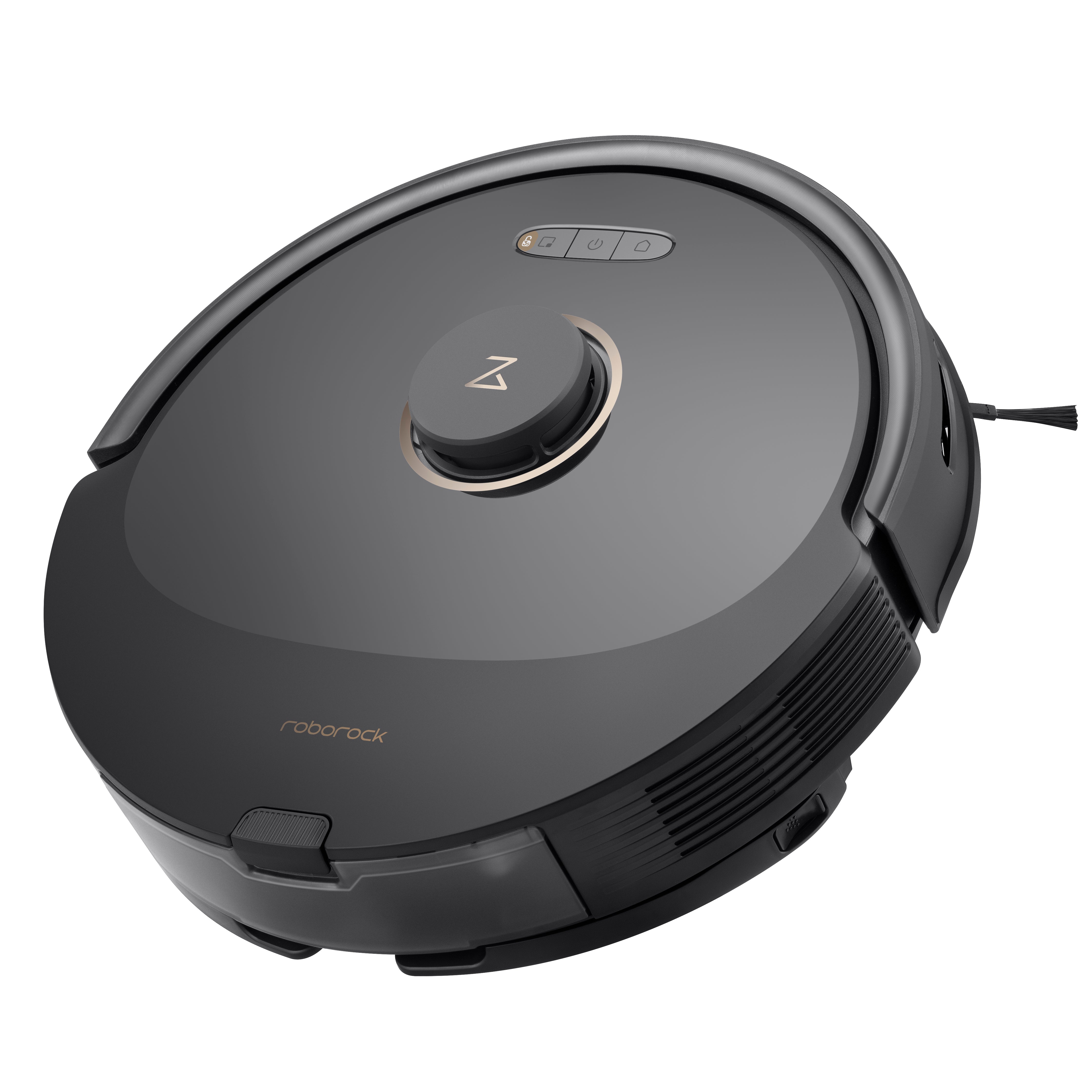Der Roborock Q8 Max Special Edition ist ein schwarzer, kreisförmiger Staubsaugerroboter mit Bedienknöpfen an der Oberseite und einem zentralen, erhöhten Sensormodul.