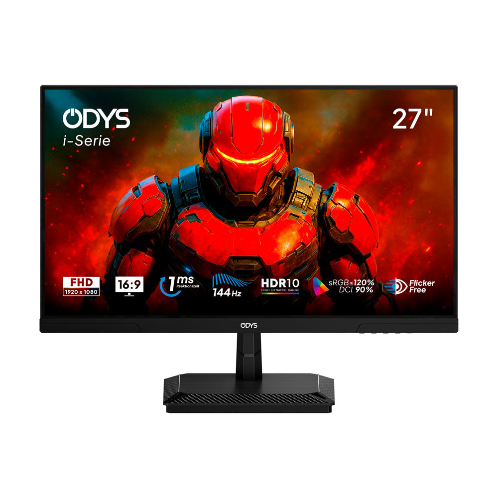 Ein 27-Zoll Odys i27-F-144 Flat Gaming Monitor zeigt einen rot gepanzerten Charakter, der mit FHD, 16:9, 7ms, 144Hz, HDR10, sRGB 120% und Flicker Free auf der Blende ausgestattet ist.