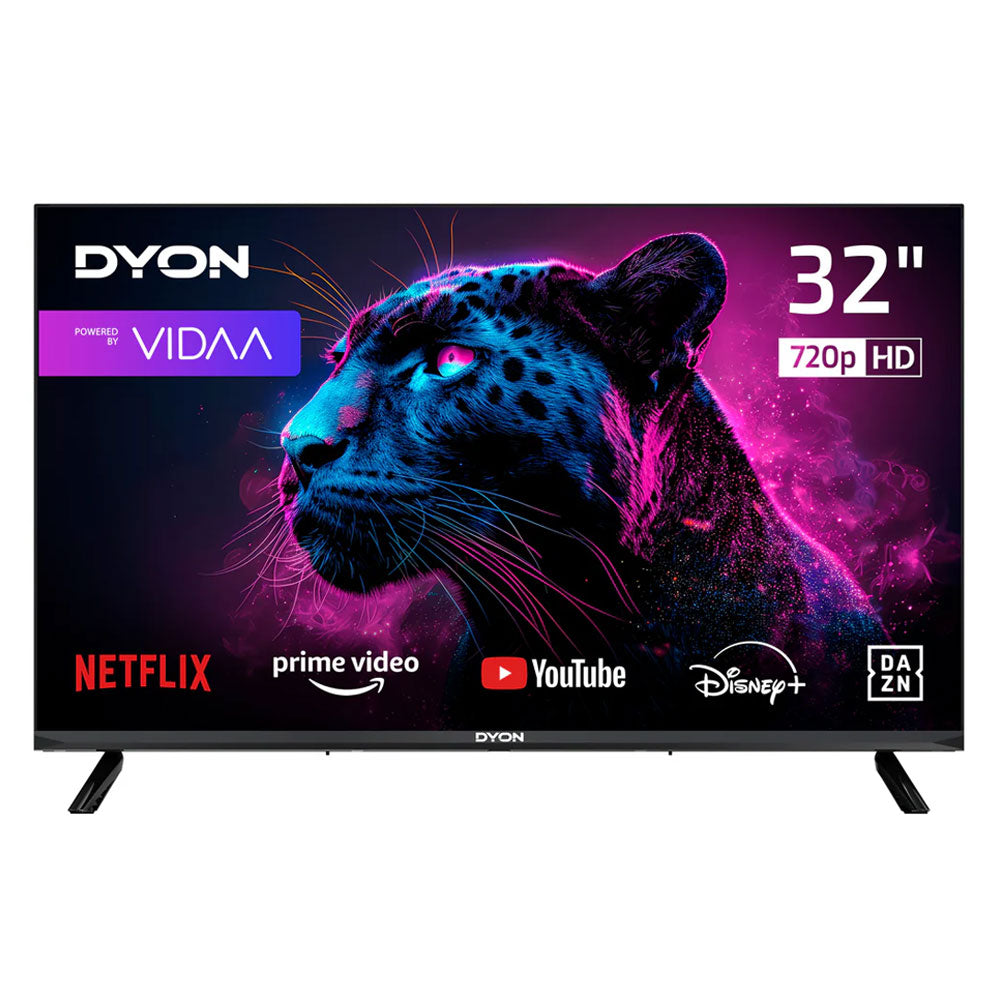 Der Dyon Movie Smart 32 VX Smart TV (32 Zoll / 80 cm) mit Triple Tuner zeigt Streaming-Logos wie Netflix, Prime Video, YouTube, Disney+ und DAZN mit einem neonbeleuchteten Pantherbild auf seinem Display.