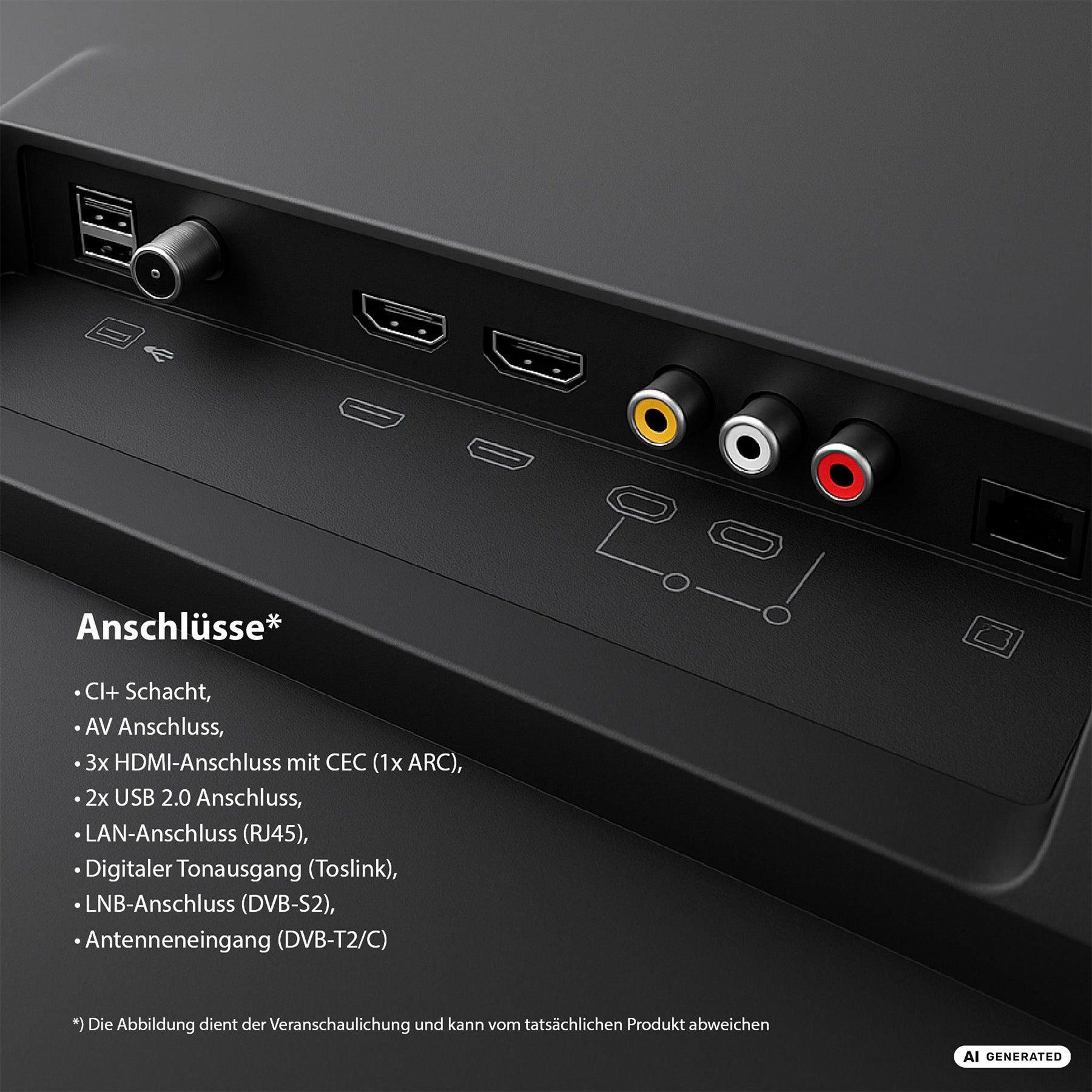 Nahaufnahme der Rückseite des Dyon Ultimax 32F-TI, eines 32-Zoll-Full-HD-Smart-TVs von Samsung mit Tizen-Betriebssystem und Gaming Hub, mit deutlich beschrifteten Anschlüssen für HDMI, USB, AV, LAN, Toslink und Antenne – entwickelt zur Unterstützung fortschrittlicher Funktionen wie dem Samsung Gaming Hub für ein noch besseres Unterhaltungserlebnis.