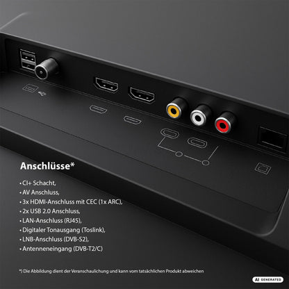 Nahaufnahme der Rückseite des Dyon Ultimax 32F-TI, eines 32-Zoll-Full-HD-Smart-TVs von Samsung mit Tizen-Betriebssystem und Gaming Hub, mit deutlich beschrifteten Anschlüssen für HDMI, USB, AV, LAN, Toslink und Antenne – entwickelt zur Unterstützung fortschrittlicher Funktionen wie dem Samsung Gaming Hub für ein noch besseres Unterhaltungserlebnis.
