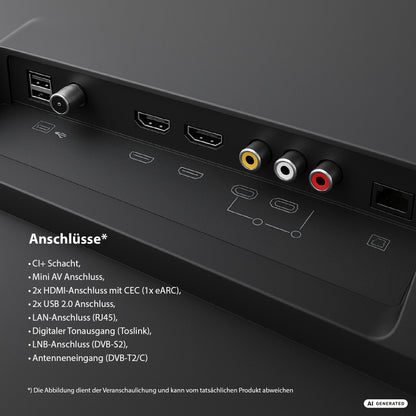 Nahaufnahme der Rückseite des Dyon DYON Ultimax 40F-TI-W 40-Zoll-Full-HD-Smart-TVs mit Samsung Tizen, auf der HDMI-, USB-, LAN-, optische Audio-, Mini-AV- und weitere Anschlüsse zu sehen sind. Ein deutscher Text listet die verfügbaren Anschlüsse auf. Die Anschlussleiste gehört zu diesem Modell mit Tizen-Betriebssystem, das Funktionen wie den Samsung Gaming Hub unterstützt.