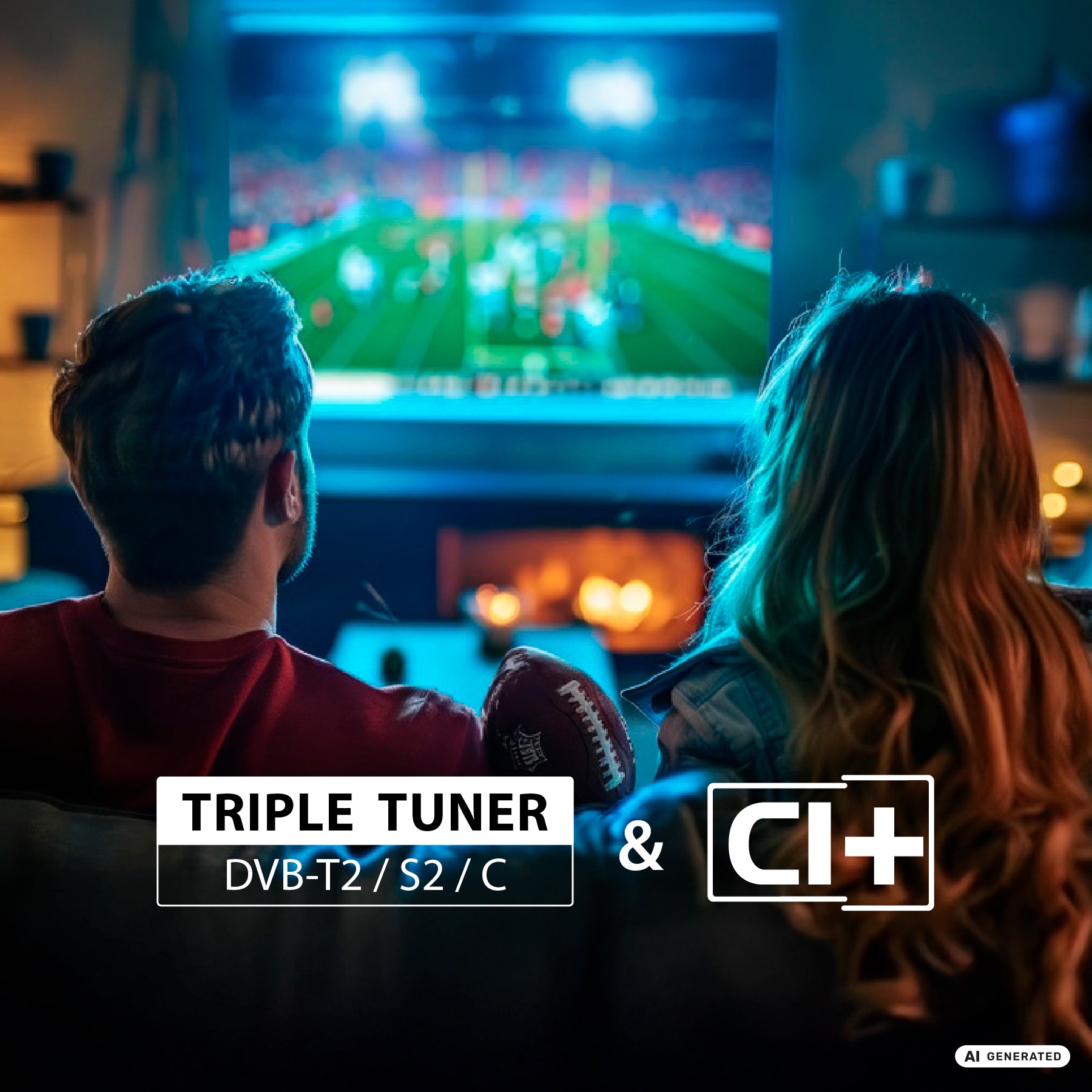 Zwei Personen entspannen sich auf einem Sofa und schauen sich in einem gemütlichen Wohnzimmer ein Fußballspiel an. Der Text auf dem Bild lautet: Dreifach-Tuner DVB-T2/S2/C & CI+ beim atemberaubenden Dyon Ultimax 58U-TI 58-Zoll-4K-UHD-Samsung-Tizen-Smart-TV – Gaming Hub.