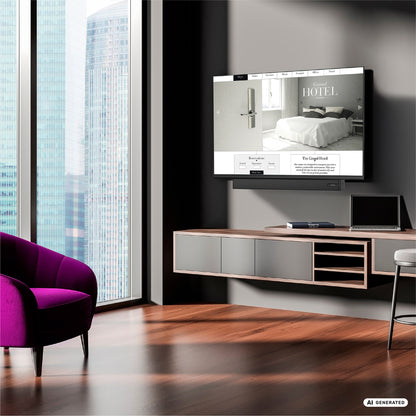 Modernes Büro mit Blick auf die Stadt, ausgestattet mit einem violetten Stuhl und einem an der Wand montierten Dyon Movie Smart 32 VX-S 32-Zoll-HD-Smart-TV – Soundboost, auf dem eine Hotel-Website angezeigt wird, sowie einem schwebenden Schrank auf der rechten Seite, auf dem ein Computer steht.