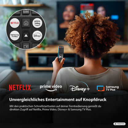 Eine Frau nutzt eine Fernbedienung, um auf dem DYON Ultimax 24H-TI-W, einem 24-Zoll-HD-Smart-TV mit Samsung Tizen von Dyon, durch Streaming-Dienste wie Netflix, Prime Video, Disney+ und Samsung TV Plus zu stöbern.