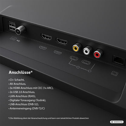 Nahaufnahme der Rückseite des DYON Ultimax 58U-TI 58-Zoll-4K-UHD-Samsung-Tizen-Smart-TV – Gaming Hub von Dyon, auf der verschiedene Anschlüsse zu sehen sind, darunter HDMI-, USB-, AV-, LAN-, digitale Audio-, Antennen- und LNB-Anschlüsse, mit beschreibendem Text auf Deutsch.