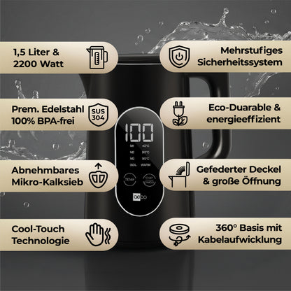 Der aeco AQA ELITE Wasserkocher ist ein schwarzer Wasserkocher mit Digitalanzeige, 1,5 l Fassungsvermögen, 2200 W Leistung, Edelstahlgehäuse, Sicherheitssystem und Energieeffizienzsymbolen.