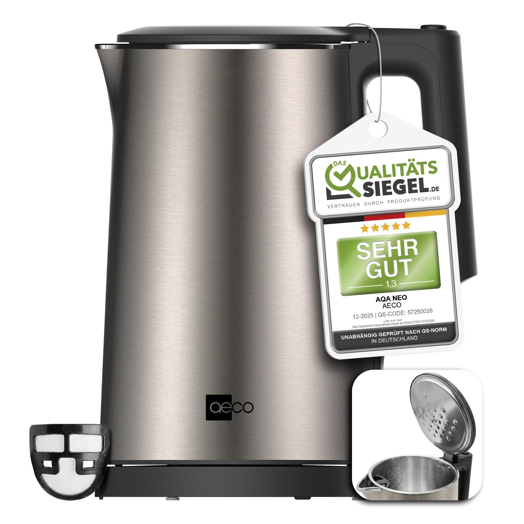 Der aeco AQA NEO Wasserkocher ist ein Edelstahl-Wasserkocher mit Griff, Filter und "Sehr Gut"-Gütesiegel. Eine Beilage zeigt eine Nahaufnahme des Innenraums und des Filters.