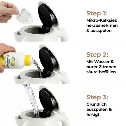 Dreistufige Entkalkungsanleitung für den aeco AQA ONE Wasserkocher: Filter ausbauen und ausspülen, mit Wasser und Zitronensäure befüllen, dann gründlich ausspülen.
