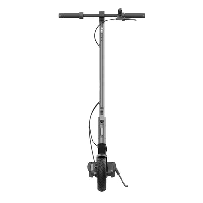 Frontansicht des Odys ULTRON i75 E-Scooters in Schwarz und Grau mit einem einzelnen Vorderrad, Lenker mit Kabeln und seitlichem Ständer - perfekt für urbane E-Mobilität.
