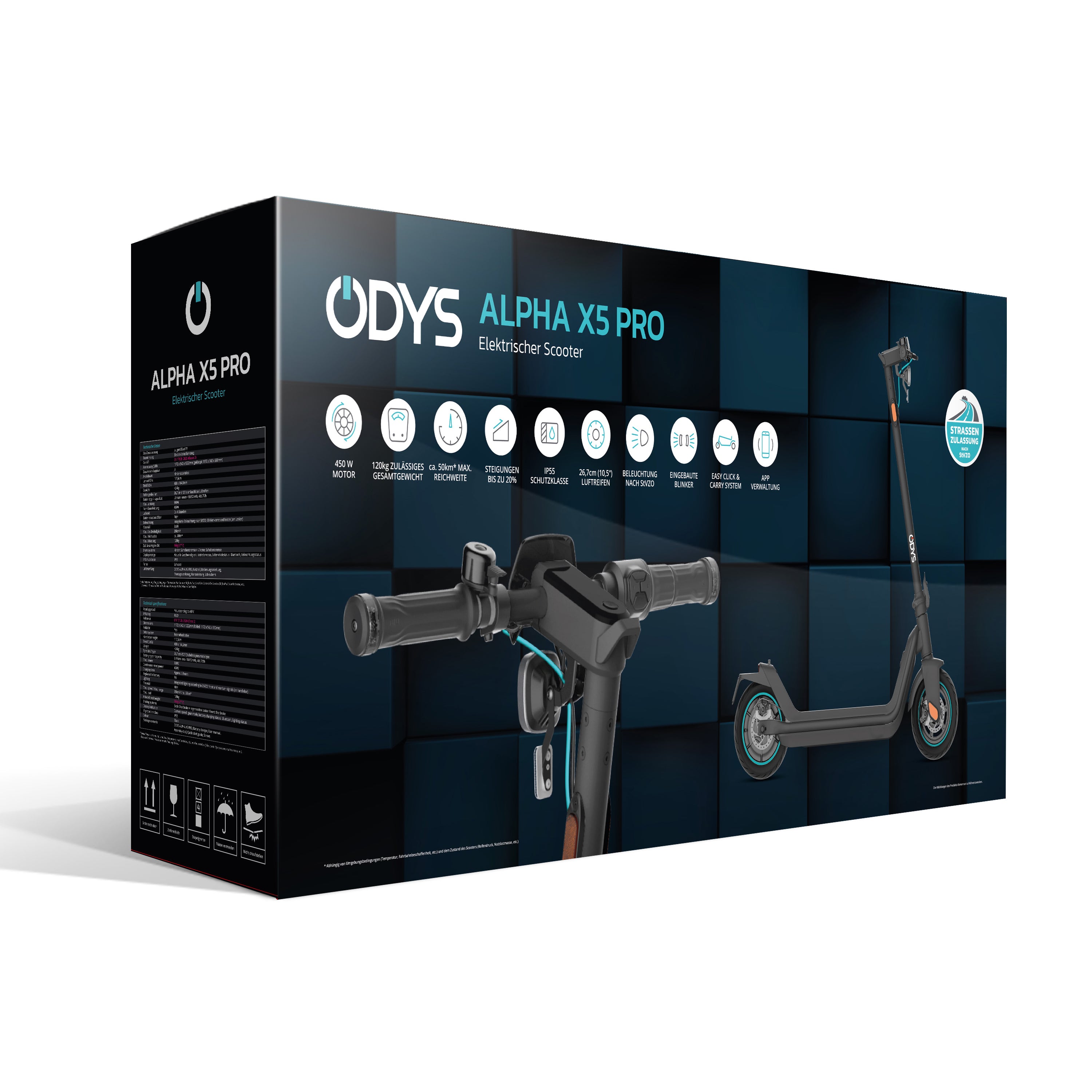 Der Verpackungskarton für den Odys ALPHA X5 PRO - E-Scooter zeigt Produktbilder, technische Daten und die wichtigsten Funktionen - einschließlich einer Reichweite von 50 km - auf einem stilvollen dunklen geometrischen Hintergrund.