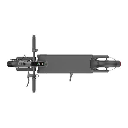 Draufsicht auf den Odys ULTRON i75 E-Scooter mit Lenker, Deck und Hinterrad in einem eleganten grau-schwarzen Design, perfekt für die moderne urbane E-Mobilität.