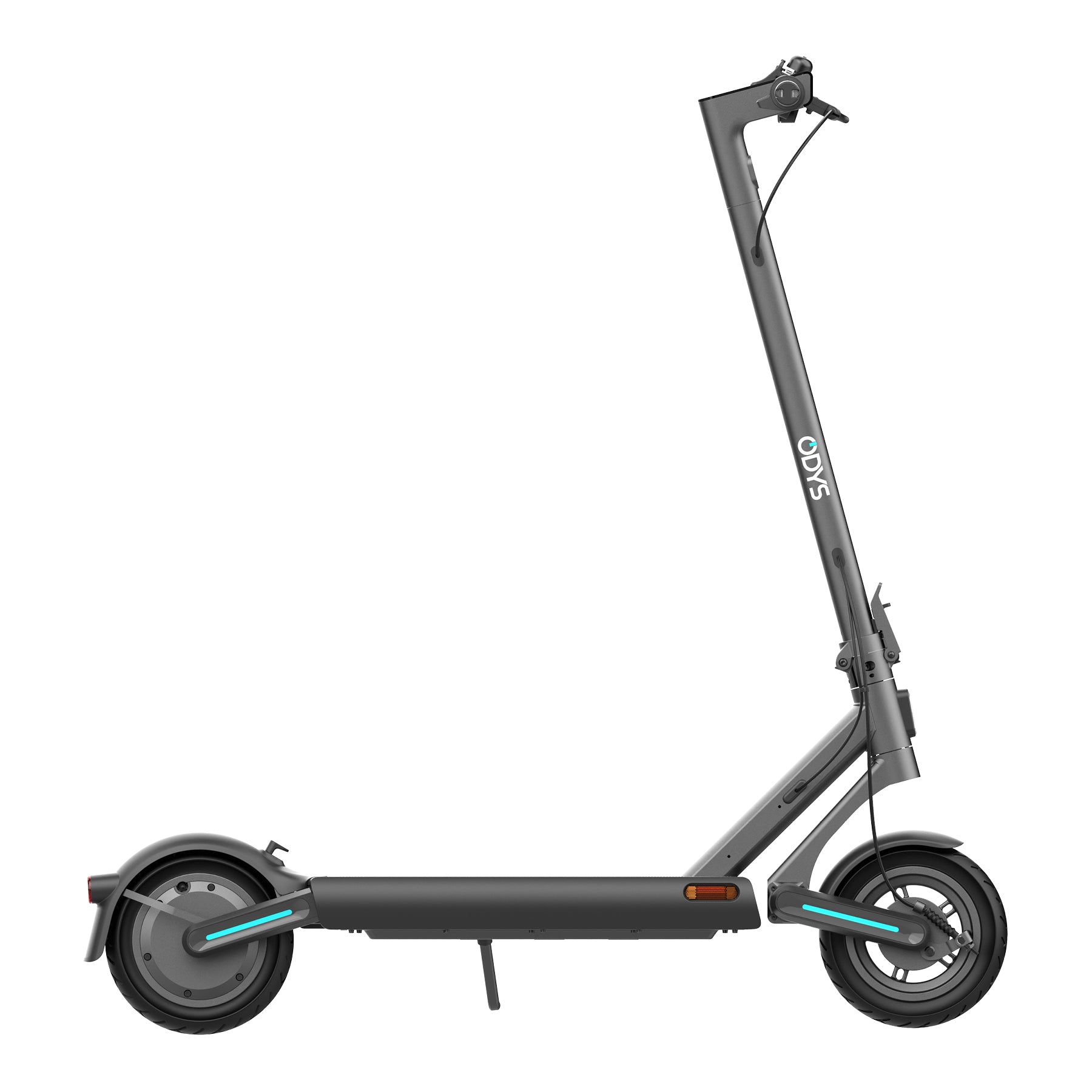 Ein schwarzer Odys ULTRON i75 E-Scooter mit klappbarem Lenker, seitlichem Ständer sowie Front- und Rückleuchten ist im Profil auf weißem Hintergrund abgebildet und unterstreicht das urbane eMobility-Design.