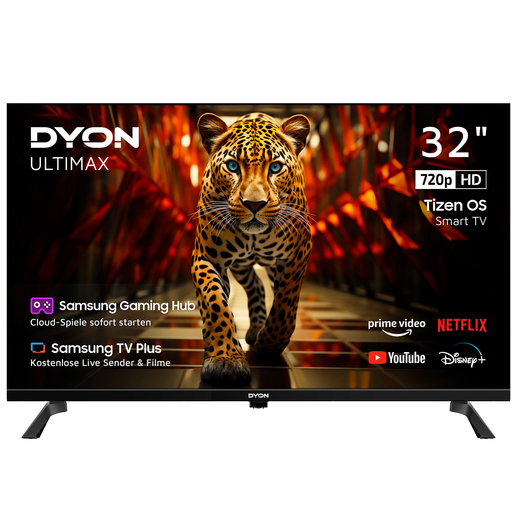 Ein DYON Ultimax 32H-TI-W 32-Zoll-HD-Smart-TV von Samsung mit Tizen-Betriebssystem von Dyon zeigt auf dem Bildschirm das Bild eines Leoparden, wobei unten die Logos von Streaming-Diensten sowie Funktionen wie das Samsung Tizen-Betriebssystem, Samsung TV Plus und 720p HD zu sehen sind.