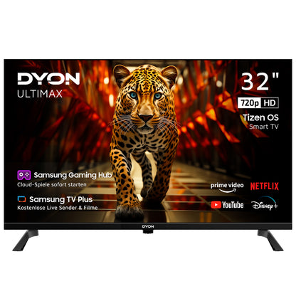 Ein DYON Ultimax 32H-TI-W 32-Zoll-HD-Smart-TV von Samsung mit Tizen-Betriebssystem von Dyon zeigt auf dem Bildschirm das Bild eines Leoparden, wobei unten die Logos von Streaming-Diensten sowie Funktionen wie das Samsung Tizen-Betriebssystem, Samsung TV Plus und 720p HD zu sehen sind.