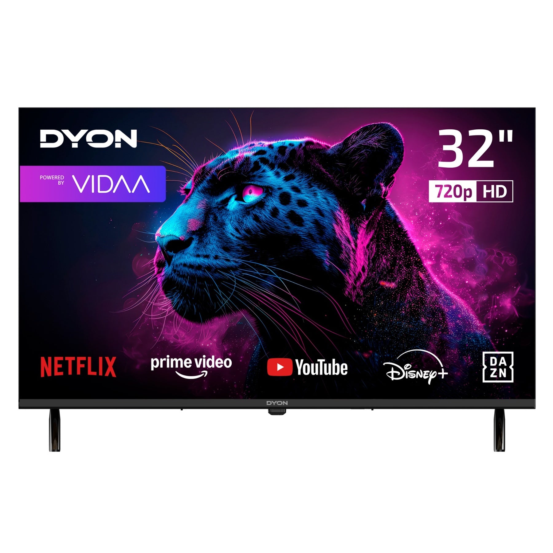 Ein Dyon Movie Smart 32 VX 32-Zoll-HD-Smart-TV zeigt einen Neon-Panther zusammen mit den Logos von Streaming-Apps wie Netflix, Prime Video, YouTube, Disney+ und DAZN. Die 720p-HD-Auflösung und das VIDAA-OS-Logo sind deutlich zu erkennen.