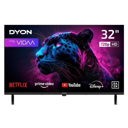 Ein Dyon Movie Smart 32 VX 32-Zoll-HD-Smart-TV zeigt einen Neon-Panther zusammen mit den Logos von Streaming-Apps wie Netflix, Prime Video, YouTube, Disney+ und DAZN. Die 720p-HD-Auflösung und das VIDAA-OS-Logo sind deutlich zu erkennen.