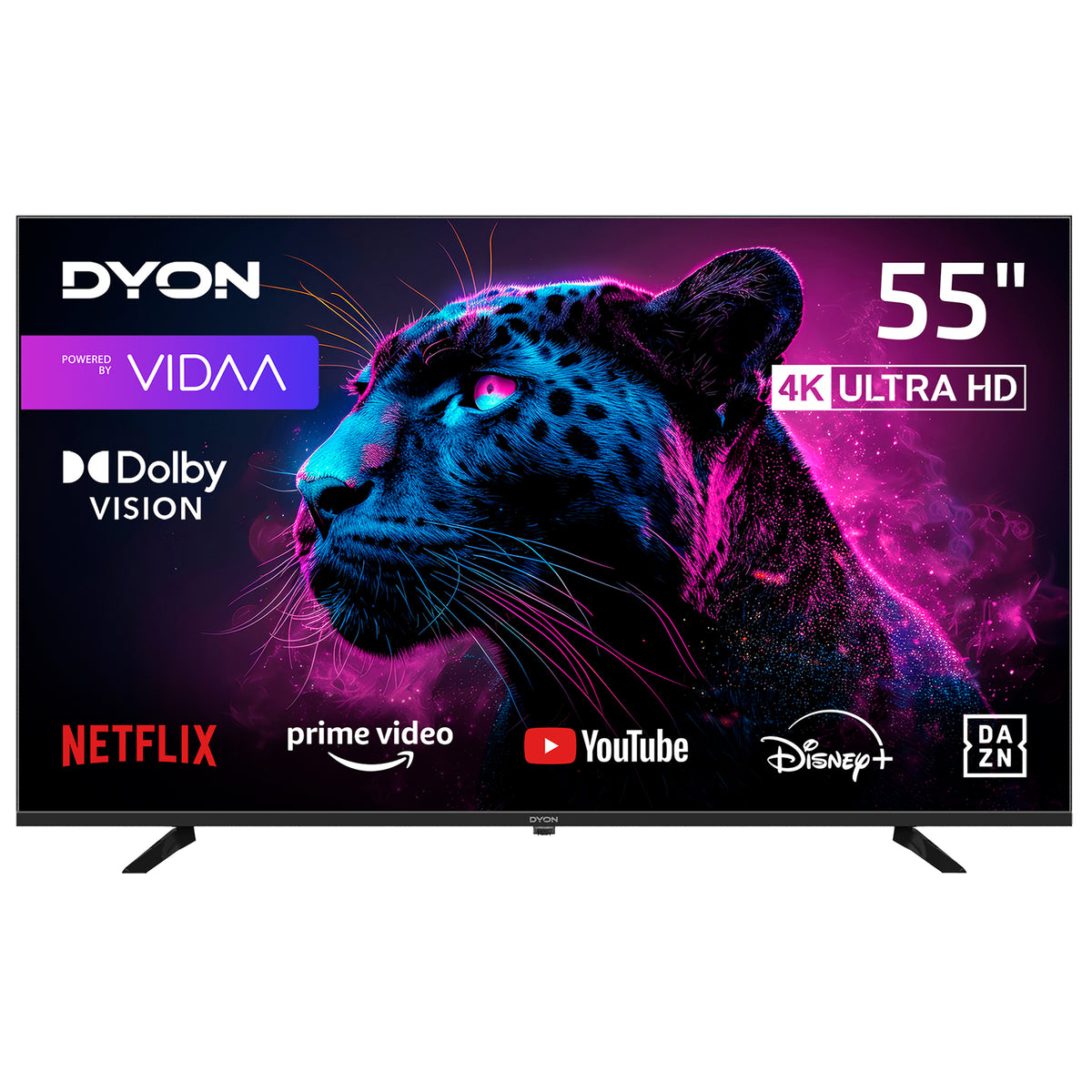 Wir stellen vor: den DYON Movie Smart 55 VX-2, einen 55-Zoll-4K-UHD-Smart-TV von Dyon, der eine Neon-Panther-Grafik in atemberaubender Ultra-HD-Schärfe, beeindruckendes Dolby Vision und das VIDAA-Betriebssystem bietet. Genießen Sie den einfachen Zugriff auf Ihre Lieblings-Streaming-Apps, darunter Netflix, Prime Video, YouTube, Disney+ und DAZN.