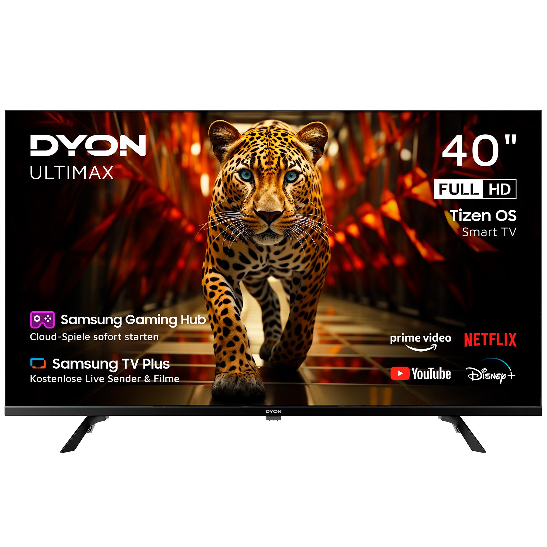 Auf dem 40-Zoll-Full-HD-Smart-TV „Dyon Ultimax 40F-TI-W“ von Samsung mit Tizen-Betriebssystem ist ein Leopard zu sehen, während links auf dem Bildschirm die Symbole von Streaming-Apps wie Netflix, Prime Video, YouTube und Disney+ angezeigt werden. Das Gerät läuft unter dem Tizen-Betriebssystem und bietet Zugriff auf den Samsung Gaming Hub für ein nahtloses Spielerlebnis.