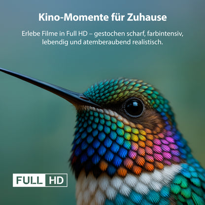 Die Nahaufnahme eines farbenfrohen Kolibris mit Text wirbt für das Full HD-Heimkino auf dem Dyon nexGo 40F Smart LED-Fernseher und unterstreicht dessen beeindruckende Schärfe, lebendige Farbintensität und lebensechten Realismus.