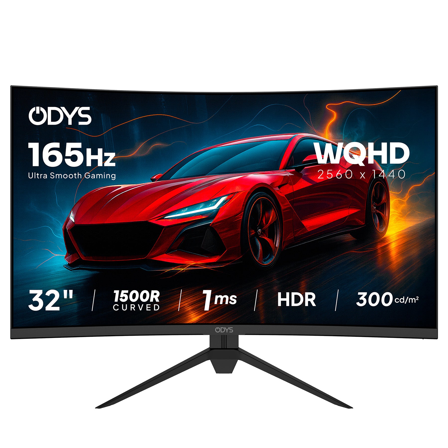 Der Odys XP32 Curved Gaming Monitor (32 Zoll, 80 cm) zeigt einen roten Sportwagen und hat folgende Spezifikationen: 165Hz, WQHD 2560x1440, 1ms Reaktionszeit, HDR-Unterstützung und 1500R Krümmung.