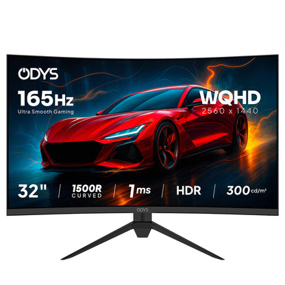 Der Odys XP32 Curved Gaming Monitor (32 Zoll, 80 cm) zeigt einen roten Sportwagen und hat folgende Spezifikationen: 165Hz, WQHD 2560x1440, 1ms Reaktionszeit, HDR-Unterstützung und 1500R Krümmung.