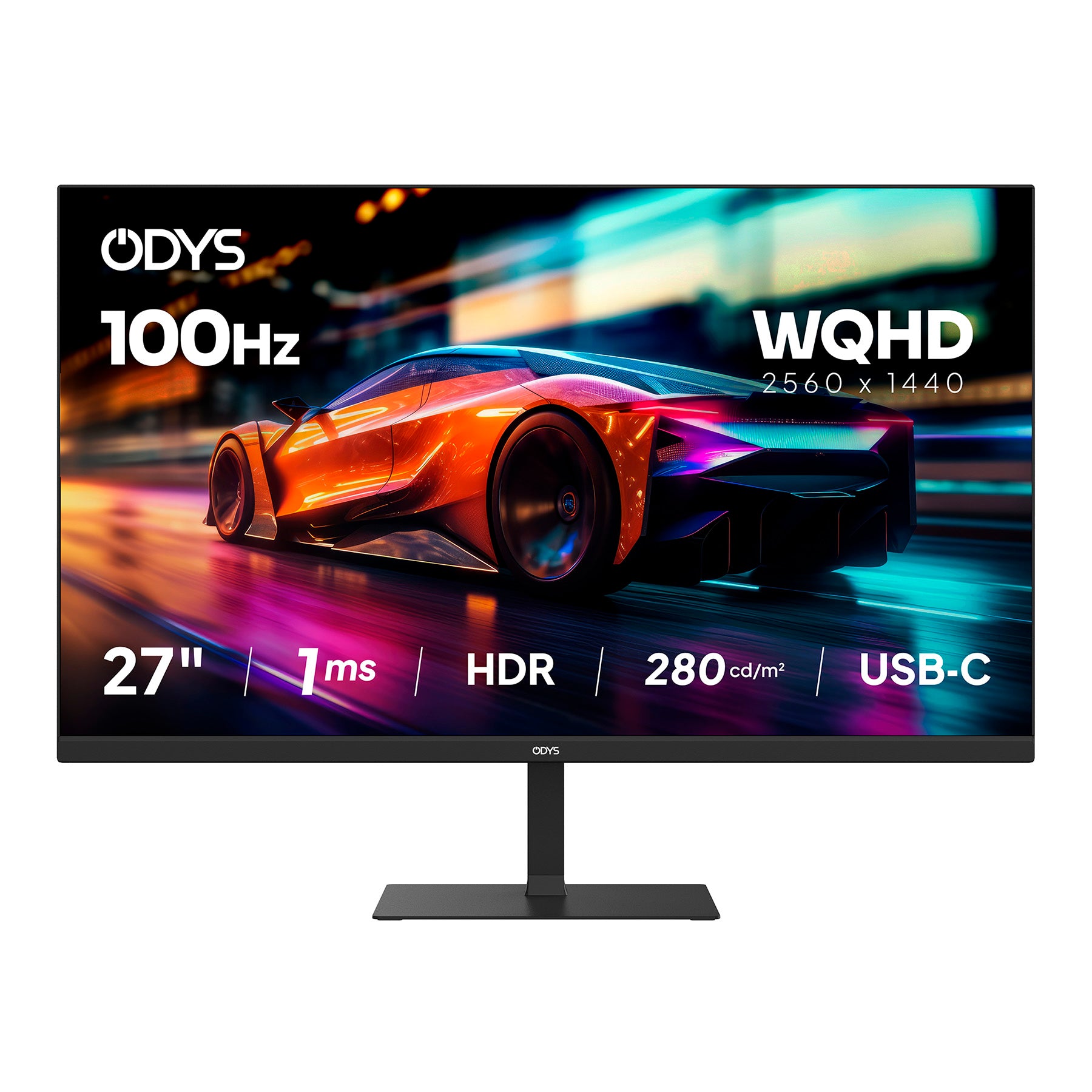 Der Odys i27-Q-100 Flat Gaming Monitor (27", 69 cm) präsentiert ein futuristisches Auto mit 100Hz, WQHD 2560x1440, 1ms Reaktionszeit, HDR, 280 cd/m² Helligkeit und USB-C-Konnektivität.