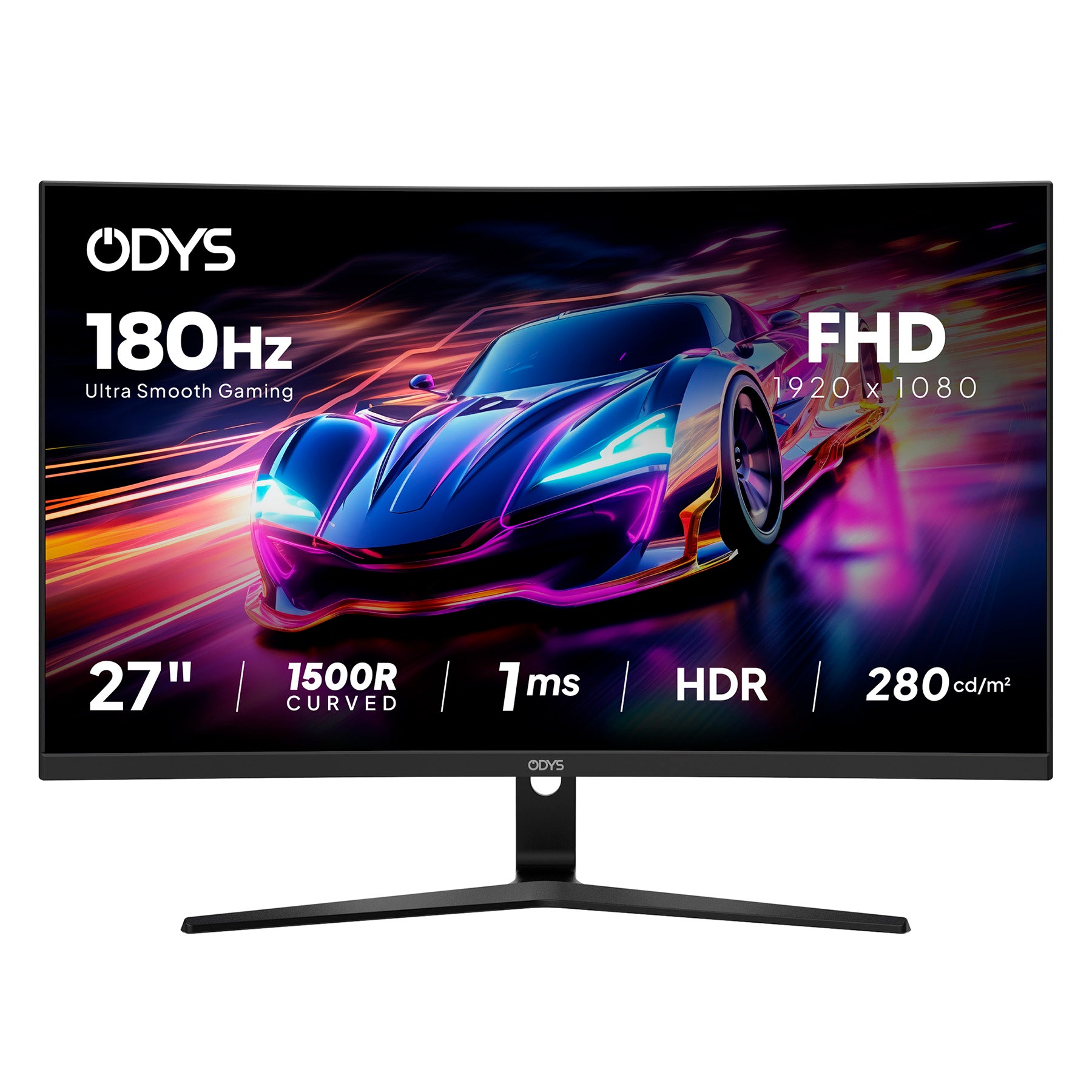Der Odys XP27-F-180 Curved Gaming Monitor (27 Zoll, 69 cm) präsentiert eine lebendige Sportwagen-Grafik mit Bildschirm-Specs: 180 Hz Bildwiederholfrequenz, FHD 1920x1080, 1 ms Reaktionszeit, HDR-Unterstützung und 280 cd/m² Helligkeit.