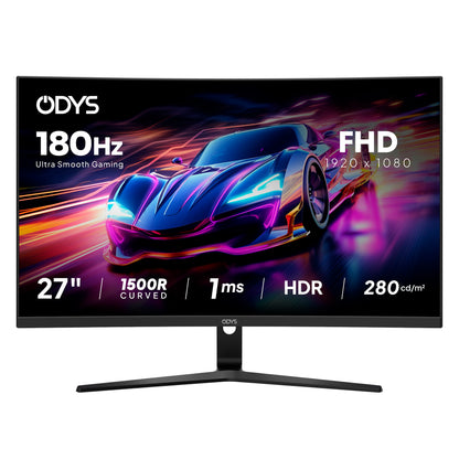 Der Odys XP27-F-180 Curved Gaming Monitor (27 Zoll, 69 cm) präsentiert eine lebendige Sportwagen-Grafik mit Bildschirm-Specs: 180 Hz Bildwiederholfrequenz, FHD 1920x1080, 1 ms Reaktionszeit, HDR-Unterstützung und 280 cd/m² Helligkeit.
