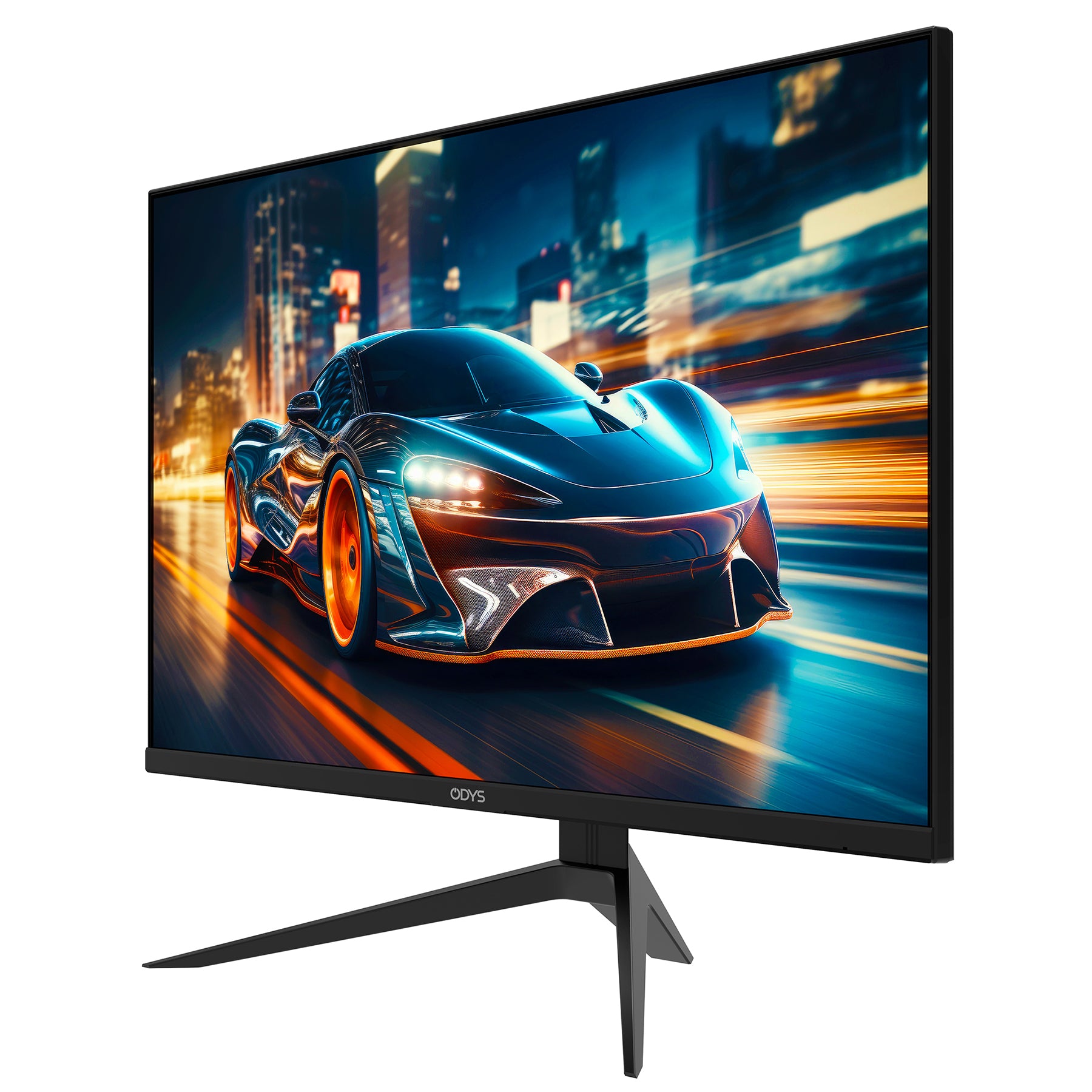 Der Odys i27-Q-180 Flat Gaming Monitor (27 Zoll, 69 cm) zeigt ein lebendiges Bild eines Sportwagens, der durch eine nächtliche Stadt rast, mit bunten Lichtern und Bewegungsunschärfe im Hintergrund.